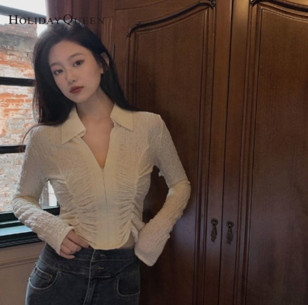 HolidayQueen Fall  Women's Thin V-neck Design Top Shirt S M L XL Free Shipping Women's clothingHQP0589