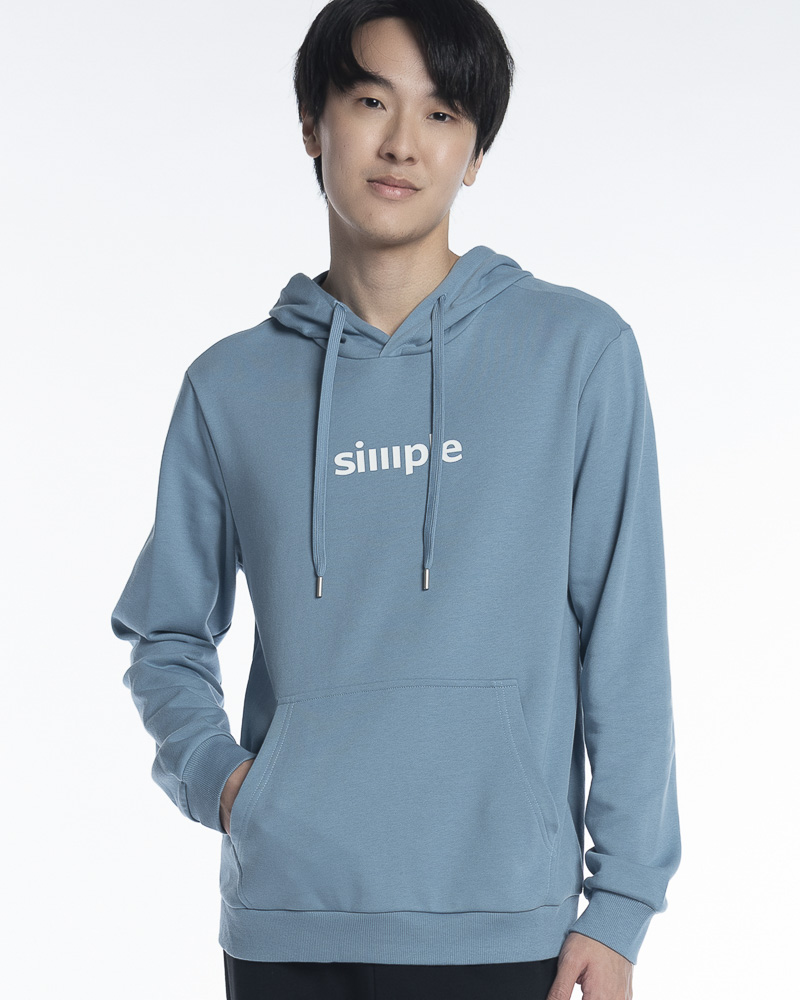 Yishion Men Solid Colour Pullover Hoodie with Kangaroo Pockets and SIMPLE Slogan Patch (Stone Blue)