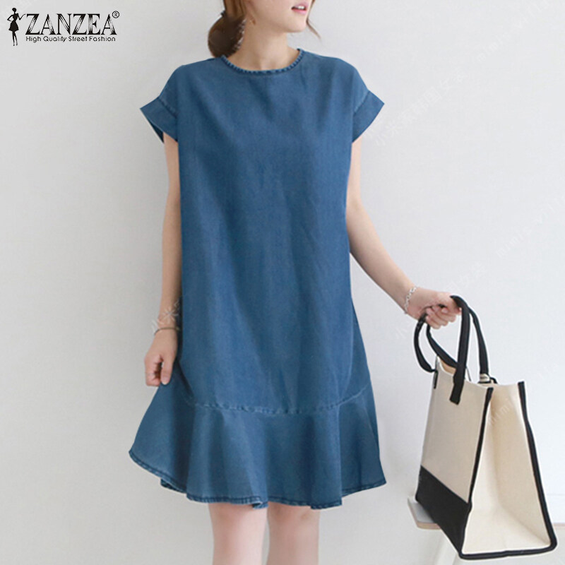 ZANZEA Korean Style Women O Neck Mini Dress Short Sleeve Ruffle Hem Loose Denim Dresses