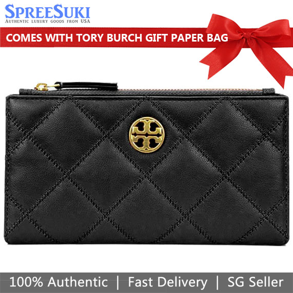 Tory Burch Wallet With Gift Paper Bag Willa Quilted Leather Slim Envelope Wallet Black # 89490