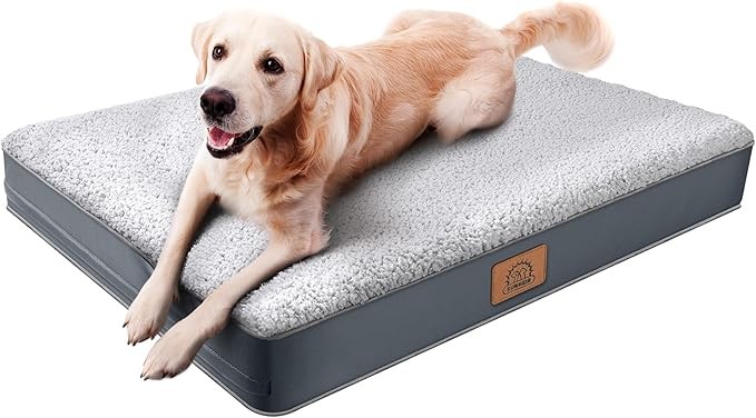 Orthopedic Dog Bed for Large Dogs - Big Waterproof Dog Crate Bed with Removable Washable Cover, Egg Crate Foam Support, Anti-Slip Bottom, Deluxe Plush Pet Bed Mat (Grey)